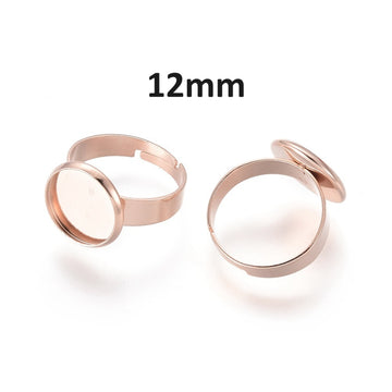RB052 - 5 pcs. 201 Stainless Steel Rose Gold ADJUSTABLE Cabochon Setting Bezel RING bases settings - Ring Size 7 US - Glue Pad 12mm