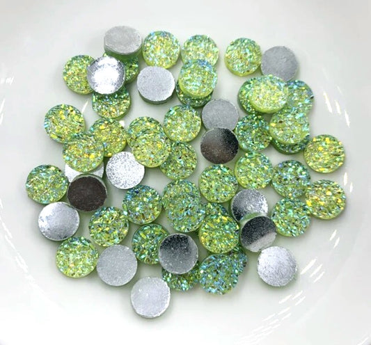 RC0079 - 10 pcs Druzy Resin Embellishment Cabochons Green Multicolor AB - 8mm - Coin Disc Style