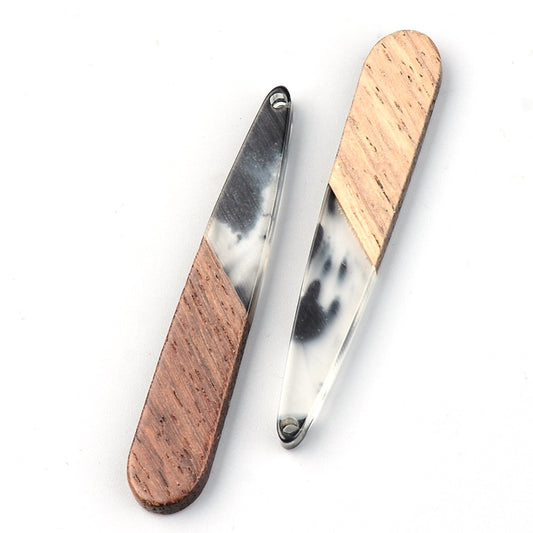 RW0053 - 4 pcs. Black and White Smoke - Resin and Wood Teardrop Flat Pendant - 44mm x 8mm - (1.73" x 0.32") - Great for Earrings and Necklaces!