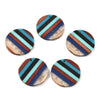 RW0055 - 4 pcs. Brown, Blue and Gold Resin and Wood Round Flat Pendant - 30mm - (1.18") - Stripe Pattern