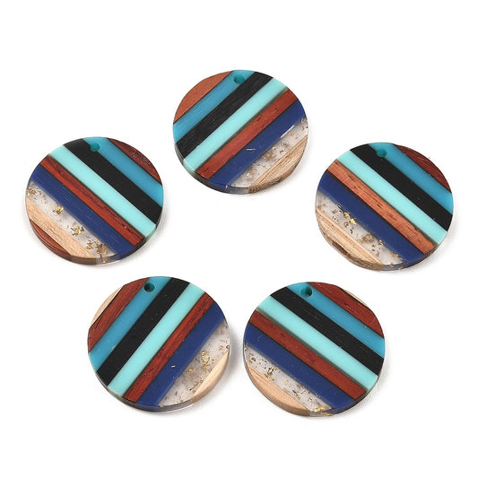 RW0055 - 4 pcs. Brown, Blue and Gold Resin and Wood Round Flat Pendant - 30mm - (1.18") - Stripe Pattern