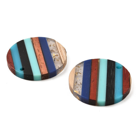 RW0055 - 4 pcs. Brown, Blue and Gold Resin and Wood Round Flat Pendant - 30mm - (1.18") - Stripe Pattern