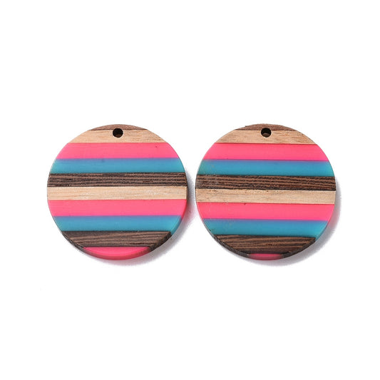 RW0056 - 4 pcs. Brown, Blue and Pink Resin and Wood Round Flat Pendant - 30mm - (1.18") - Stripe Pattern