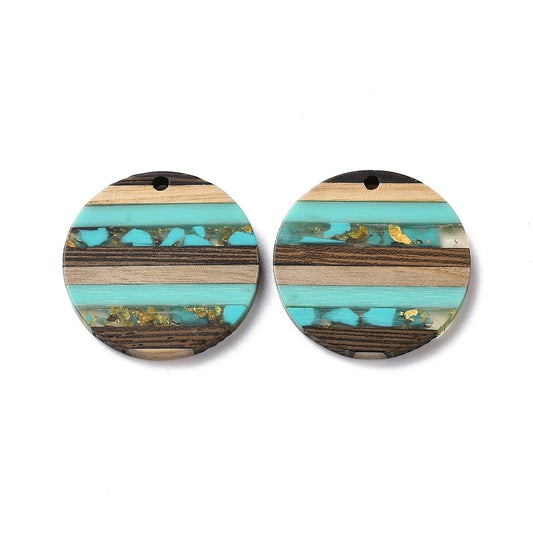 RW0057 - 4 pcs. Brown, Teal and Gold Resin and Wood Round Flat Pendant - 30mm - (1.18") - Stripe Pattern