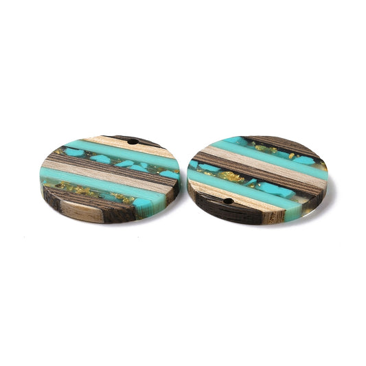 RW0057 - 4 pcs. Brown, Teal and Gold Resin and Wood Round Flat Pendant - 30mm - (1.18") - Stripe Pattern