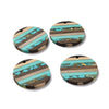 RW0057 - 4 pcs. Brown, Teal and Gold Resin and Wood Round Flat Pendant - 30mm - (1.18") - Stripe Pattern