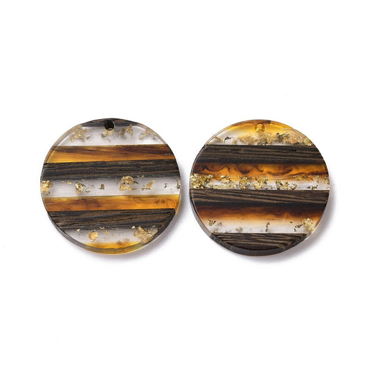 RW0059 - 4 pcs. Brown and Gold Flakes Resin and Wood Round Flat Pendant - 30mm - (1.18") - Stripe Pattern