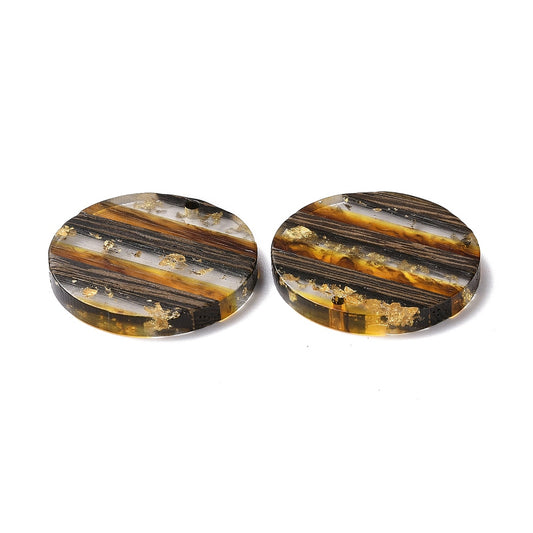 RW0059 - 4 pcs. Brown and Gold Flakes Resin and Wood Round Flat Pendant - 30mm - (1.18") - Stripe Pattern