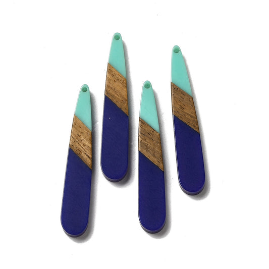 RW0060 - 4 pcs. Blue and Teal Stripe Resin and Wood Teardrop Flat Pendant - 44mm x 8mm - (1.73" x 0.32")