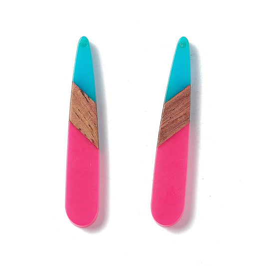 RW0063 - 4 pcs. Pink and Teal Stripe Resin and Wood Teardrop Flat Pendant - 44mm x 8mm - (1.73" x 0.32")