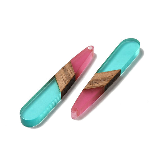 RW0066 - 4 pcs. Clear Pink and Teal Stripe Resin and Wood Teardrop Flat Pendant - 44mm x 8mm - (1.73" x 0.32")