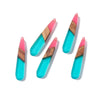 RW0066 - 4 pcs. Clear Pink and Teal Stripe Resin and Wood Teardrop Flat Pendant - 44mm x 8mm - (1.73" x 0.32")
