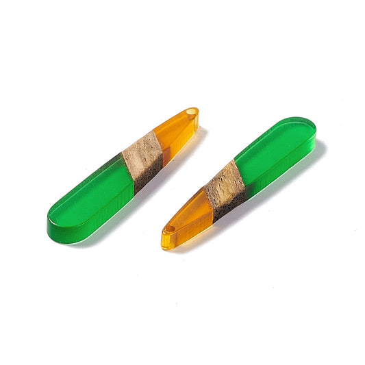 RW0067 - 4 pcs. Clear Green and Orange Stripe Resin and Wood Teardrop Flat Pendant - 44mm x 8mm - (1.73" x 0.32")