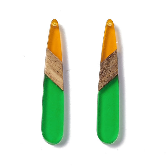 RW0067 - 4 pcs. Clear Green and Orange Stripe Resin and Wood Teardrop Flat Pendant - 44mm x 8mm - (1.73" x 0.32")