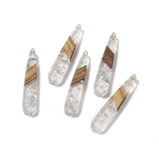 RW0068 - 4 pcs. Clear Silver Flakes and Brown Wood Teardrop Flat Pendant - 44mm x 8mm - (1.73" x 0.32")