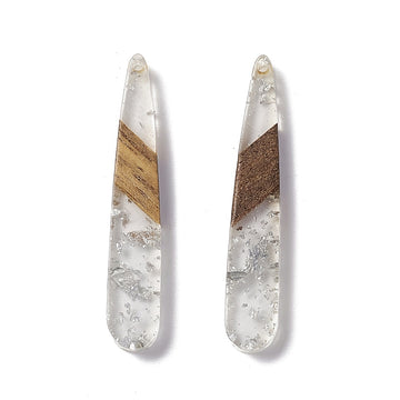 RW0068 - 4 pcs. Clear Silver Flakes and Brown Wood Teardrop Flat Pendant - 44mm x 8mm - (1.73" x 0.32")