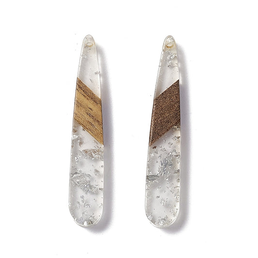 RW0068 - 4 pcs. Clear Silver Flakes and Brown Wood Teardrop Flat Pendant - 44mm x 8mm - (1.73" x 0.32")