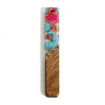 RW0071 - 4 pcs. Gold, Teal and Pink Resin and Wood Rectangle Flat Pendant - 52mm x 8mm - (2.05" x 0.32") - Great for Earrings and Necklaces!