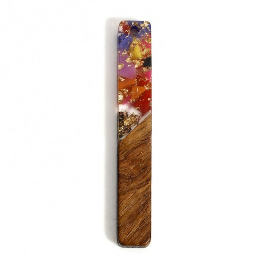 RW0076 - 4 pcs. Multicolored Spots with Gold Flakes Resin and Wood Rectangle Flat Pendant - 52mm x 8mm - (2.05" x 0.32") - Great for Earrings and Necklaces!