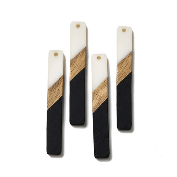 RW0078 - 4 pcs. Black and White Stripe Resin and Wood Rectangle Flat Pendant - 52mm x 8mm - (2.05" x 0.32")