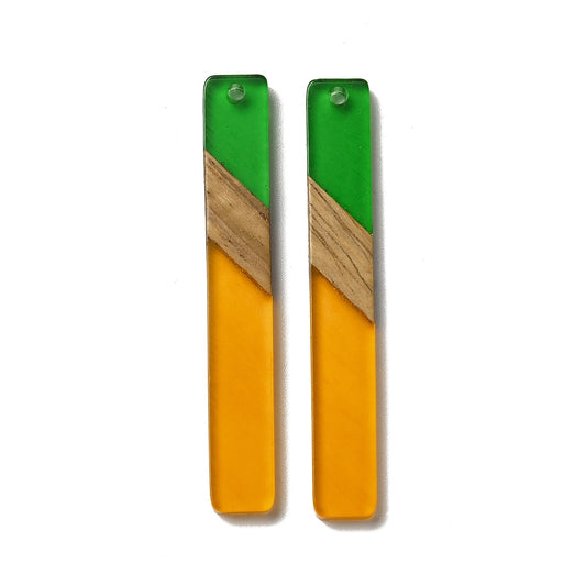 RW0079 - 4 pcs. Clear Orange and Green Stripe Resin and Wood Rectangle Flat Pendant - 52mm x 8mm - (2.05" x 0.32")