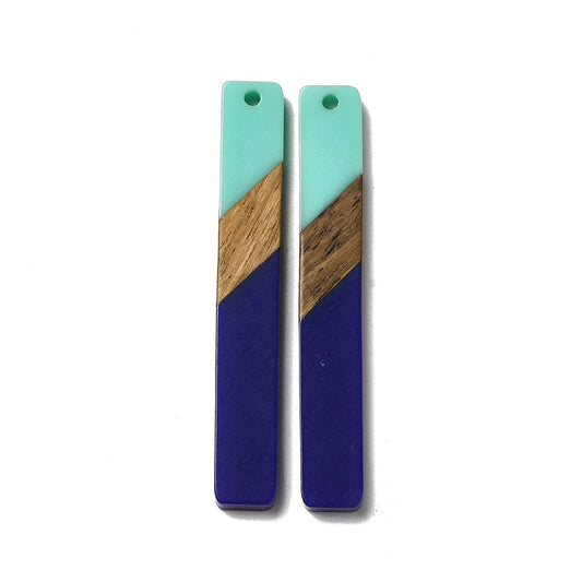 RW0080 - 4 pcs. Blue and Teal Stripe Resin and Wood Rectangle Flat Pendant - 52mm x 8mm - (2.05" x 0.32")