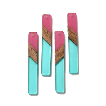 RW0081 - 4 pcs. Pink and Teal Stripe Resin and Wood Rectangle Flat Pendant - 52mm x 8mm - (2.05" x 0.32")