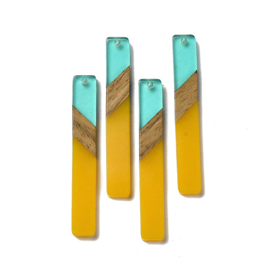 RW0082 - 4 pcs. Yellow Mustard and Aqua Stripe Resin and Wood Rectangle Flat Pendant - 52mm x 8mm - (2.05" x 0.32")