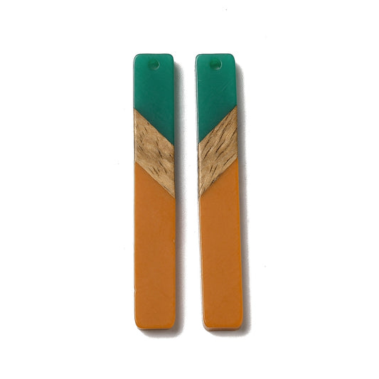 RW0083 - 4 pcs. Opaque Orange and Green Stripe Resin and Wood Rectangle Flat Pendant - 52mm x 8mm - (2.05" x 0.32")