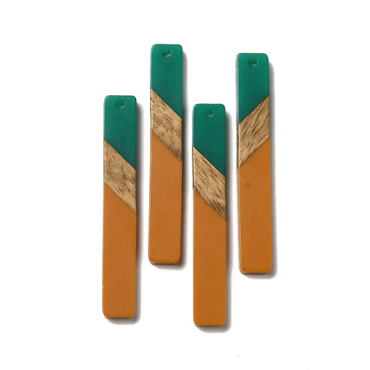 RW0083 - 4 pcs. Opaque Orange and Green Stripe Resin and Wood Rectangle Flat Pendant - 52mm x 8mm - (2.05" x 0.32")