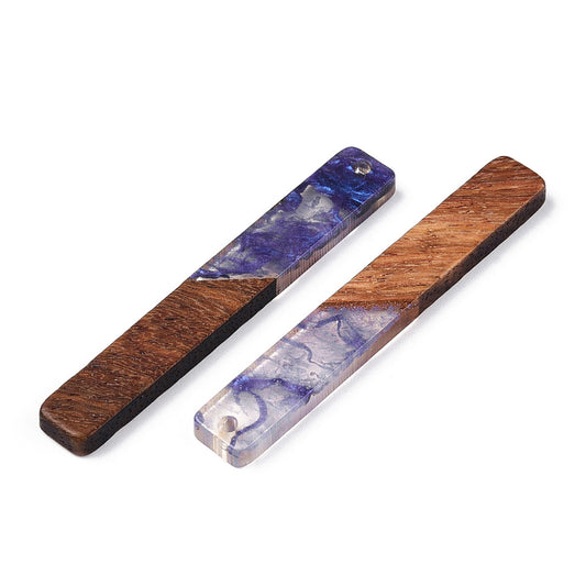 RW0084 - 4 pcs. Indigo, Purple and Blue Resin and Wood Rectangle Flat Pendant - 52mm x 8mm - (2.05" x 0.32") - Great for Earrings and Necklaces!