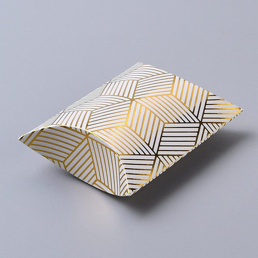 S012 - 50 pcs. White and Gold Kraft Paper Pillow Boxes Cases - 91mm x 63mm x 27mm (3.6" x 2.5"  x 1'") - Striped Pattern