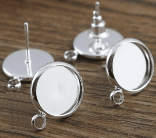 E855 - 10 pcs. Silver Plated Earring Posts Studs Settings Bezels Cabochons Tacks with Loop - 14mm Glue Pad Setting