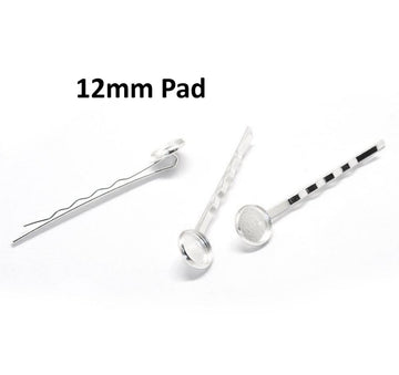 H082 - 10 pcs. - Silver Plated Hair Bobby Pins Cabochons Bezels - 61mm x 14mm (2.4" x  0.55") - 12mm Glue Pad