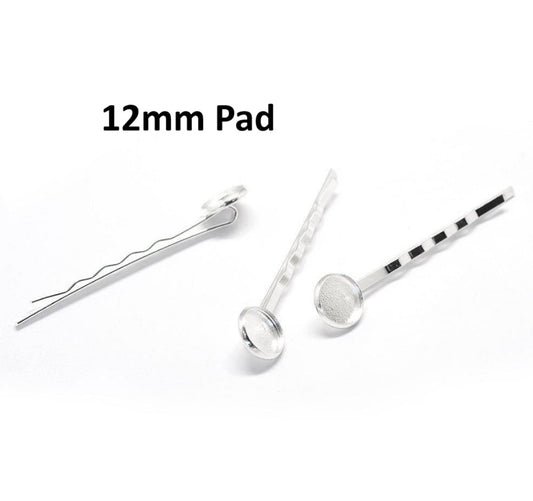 H082 - 10 pcs. - Silver Plated Hair Bobby Pins Cabochons Bezels - 61mm x 14mm (2.4" x  0.55") - 12mm Glue Pad
