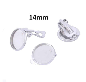 E654 - 10 pcs. 304 Stainless Steel Silver Tone Earring Clips Settings Hinged Bezels Cabochons - 14mm Glue Pad Setting