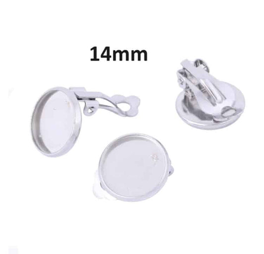 E654 - 10 pcs. 304 Stainless Steel Silver Tone Earring Clips Settings Hinged Bezels Cabochons - 14mm Glue Pad Setting