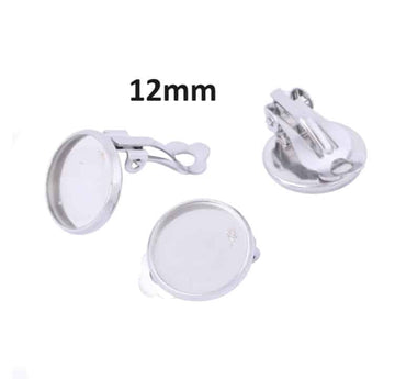 E653 - 10 pcs. 304 Stainless Steel Silver Tone Earring Clips Settings Hinged Bezels Cabochons - 12mm Glue Pad Setting