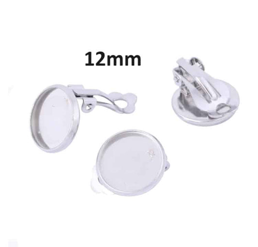 E653 - 10 pcs. 304 Stainless Steel Silver Tone Earring Clips Settings Hinged Bezels Cabochons - 12mm Glue Pad Setting