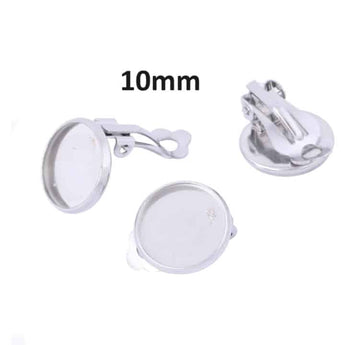 E652 - 10 pcs. 304 Stainless Steel Silver Tone Earring Clips Settings Hinged Bezels Cabochons - 10mm Glue Pad Setting