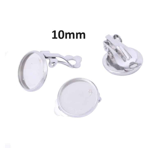 E652 - 10 pcs. 304 Stainless Steel Silver Tone Earring Clips Settings Hinged Bezels Cabochons - 10mm Glue Pad Setting