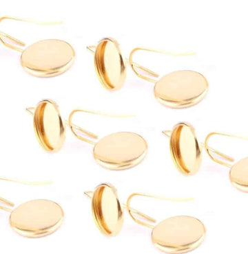 E212 - 10 pcs. 304 Stainless Steel Gold Plated Earring Hooks Settings Bezels Cabochons - 12mm Glue Pad Setting