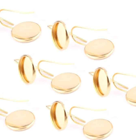 E256 - 10 pcs. 304 Stainless Steel Gold Plated Earring Hooks Settings Bezels Cabochons - 14mm Glue Pad Setting