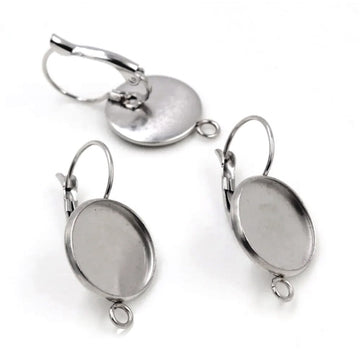 E200 - 10 pcs. 304 Stainless Steel Earring Clips Settings Lever Back Bezels Cabochons - 12mm Glue Pad Setting - with bottom loop