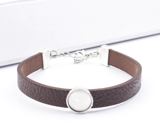 BA048 - 2 pcs. Brown Faux Leather Bracelets with 12mm Glue Pad Bezel Trays and Extender Chains - Adjustable from 7" to 9"