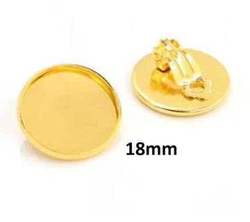 E635 - 10 pcs. Gold Tone Earring Clips Settings Hinged Bezels Cabochons - 18mm Glue Pad Setting