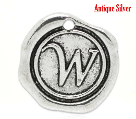 BD161 - 5 pcs. Antique Silver LARGE Letter "W" Alphabet Letter - 18mm x 18mm - Wax Design