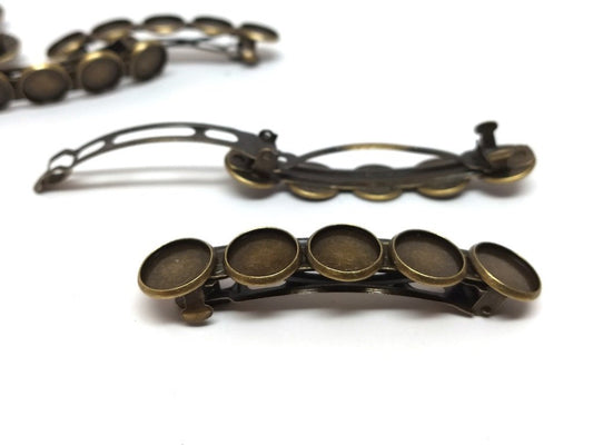 H005 - 10 pcs Antique Bronze French Hair Barrettes Hair Clips - 71mm x 14mm (2.8" x 0.55") - 12mm Glue Pad - LARGE - 5 Bezels