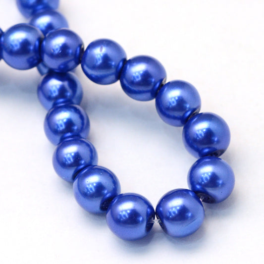 BD057 - 6mm Bright Blue Glass Pearl Imitation Round Beads - 32 inch strand