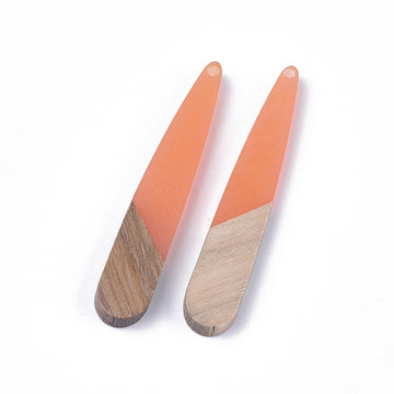 MP0016 - 4 pcs. Orange Resin and Wood Teardrop Flat Pendant - 44mm x 8mm - (1.73" x 0.32") - Great for Earrings and Necklaces!